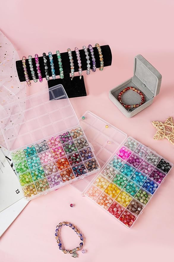 1300PCS 8mm Mixed Crackle Glass Beads for Bracelets Making with Accessories, 48 Colors Crystal Glass Beads Jewelry Making Kit, Round Beads for DIY Bracelet Crafts