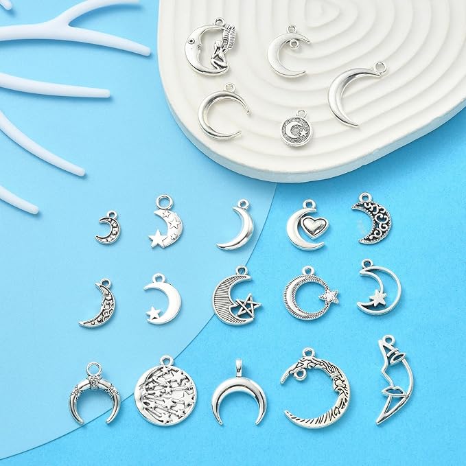 DanLingJewelry 100Pcs Mixed Styles Antique Silver Moon Charms Tibetan Moon and Star Charms for Crafting Jewelry Findings Making