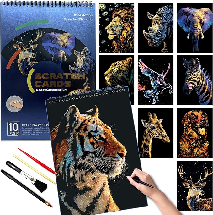 Animals Scratch Art Book for Adults-Colorful Animal Scratch Paper|Scratch Painting Paper Craft Kit|Creative Foil Engraving Scratch Art|Stress Relief Gift for Craft Lovers(Animal Series 2)
