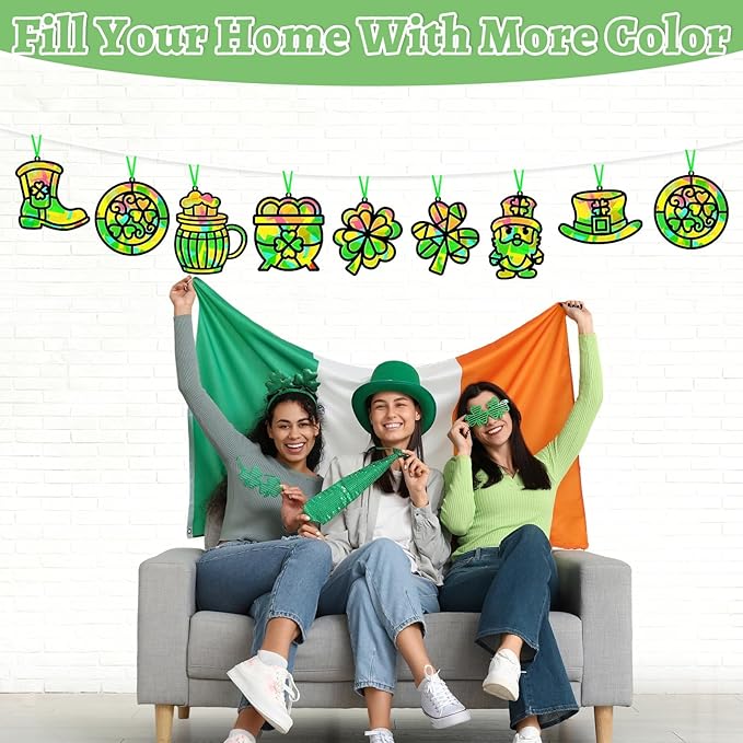 32 Sets St. Patrick's Day Suncatchers Craft Kit for DIY Irish Lucky Shamrock Leprechaun Window Stained Glass Effect Paper Suncatcher Decoration for Home School Classroom Party Activity Gift
