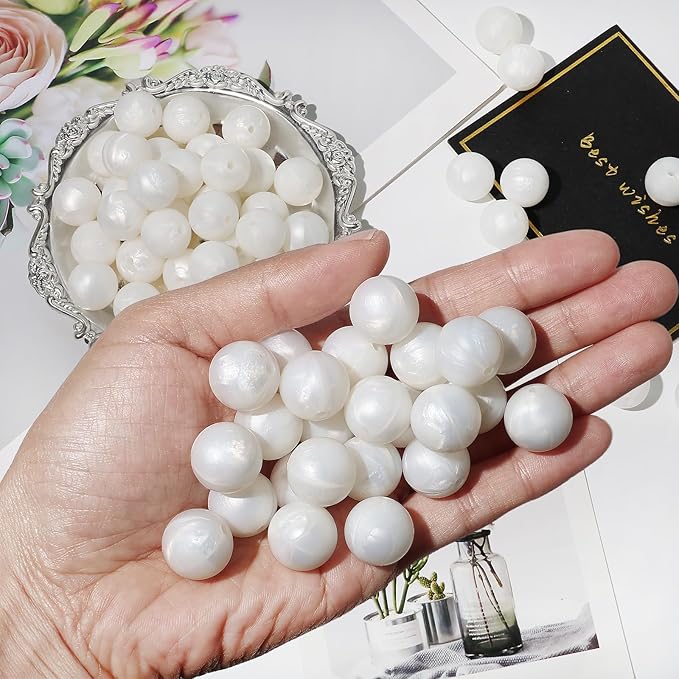 120pcs Richbunnys 15mm Bulk Silicone Beads for Pens and Keychain Making,Large Bead for Necklace and Bracelets Making,Assorted Rubber Beads Set（Pearlescent Snow）
