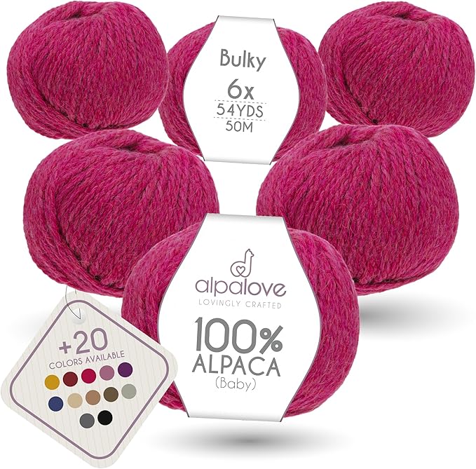 Bulky Set (6 x 1.75 oz) Super Soft Baby Alpaca Knitting Yarn Raspberry Cream 328 Yards