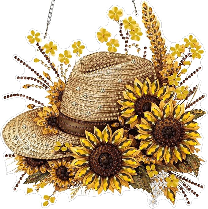 KEYIFA Straw Hat Diamond Painting Kit, DIY Sunflower Diamond Art for Adults, Diamonds Painting Pendant Special Shaped Rhinestone Window Hanging Ornaments Home Garden Wall Door Decoration, 20cm Width