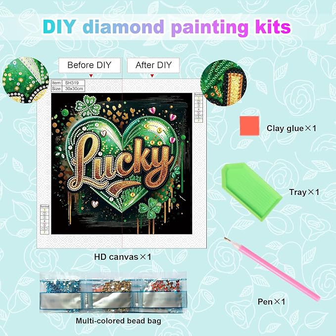 MVVMTOP Diamond Painting Kit St Patrick’s Day Lucky Shamrock Heart Special Shaped 5D Partial Crystal Diamond Art DIY Wall Decor Holiday Gift