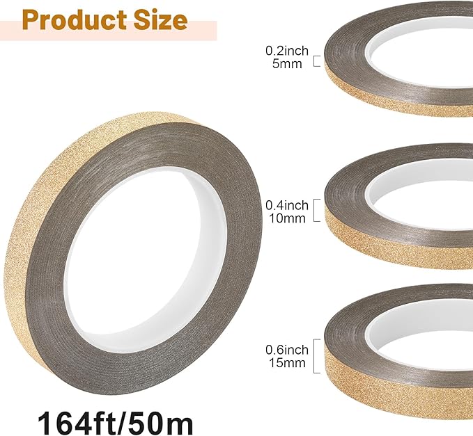 Zonon 3 Sizes Glitter Gold Self Adhesive Polyester Film Tape Washi Tape for Car Furniture Graphic Arts Walls Decor, 55 yds(5/10/15mm)