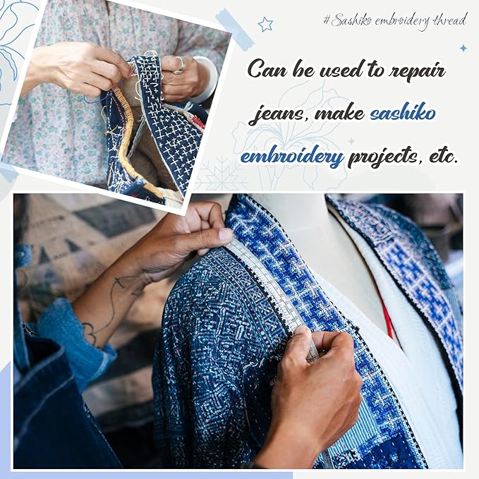Zeyune 12 Skeins Blue Sashiko Thread Kit 100% Cotton with Sashiko Needles 20m(21.8yds) Thread for Hand Quilting and Embroidery Projects Pick Stitching Denim
