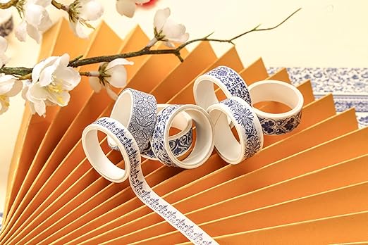 Blue & White Porcelain Washi Tape Set, Traditional Chinese Ceramic Pattern Decorative Masking Tapes, Oriental Art for Craft, Scrapbook, DIY, Gift Wrapping (1-Porcelain Grace/20 Rolls)