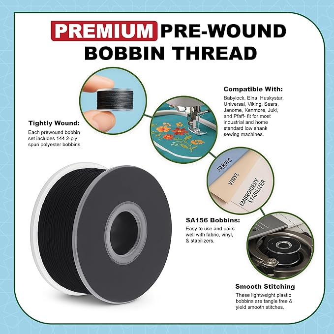 Mandala Crafts 144 Black White SA156 Prewound Bobbins for Singer Sewing Machine -15J SA156 Prefilled Bobbin Thread for Brother Sewing Machine and Embroidery