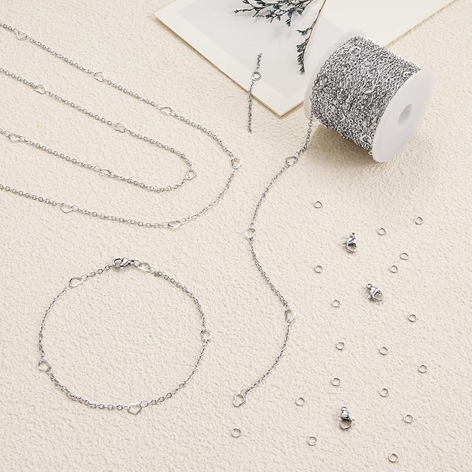 16.4 Feet Stainless Steel Jewelry Making Chains Heart Link Chain for Women Necklace DIY Heart Chains Bulk