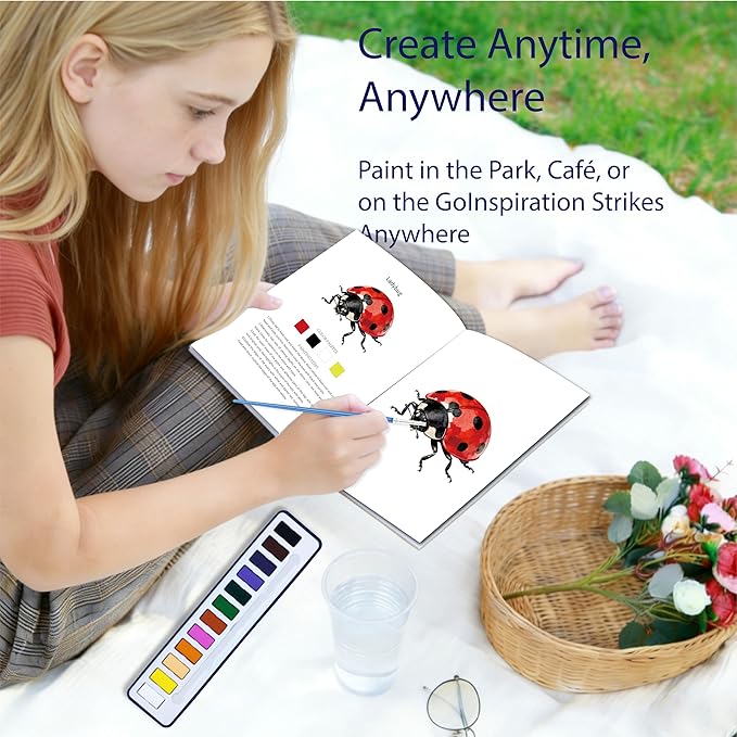 2Pcs Watercolor Workbook Creative Water Color Paint Book Set with Paints & Brush, 12 Patterns of Original DIY Designs, Beginner-Friendly Adult Coloring Books (Insect & Mushroom)