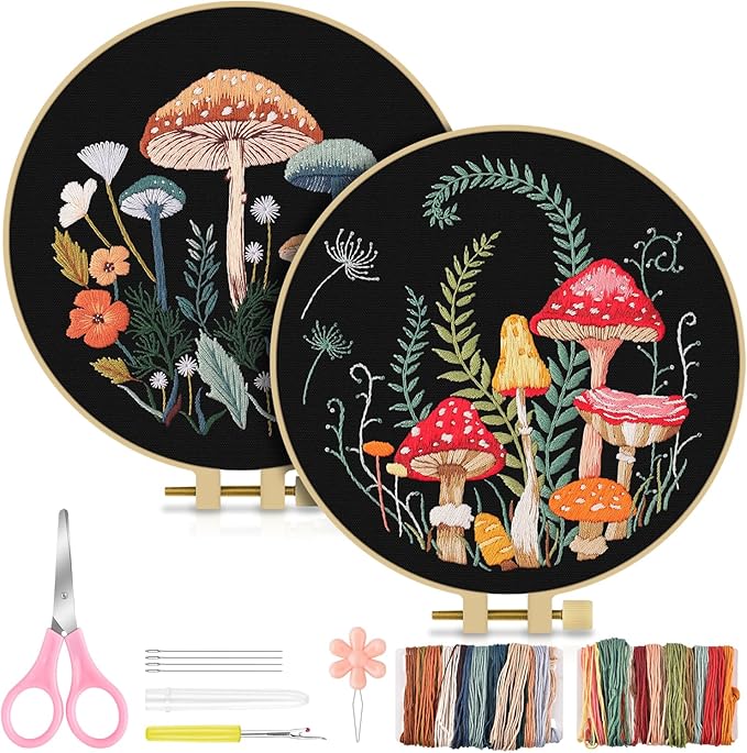 TINDTOP 2 Pack Embroidery Kit for Adult Beginners, Embroidery DIY Starter Kit, with Mushroom Stamped Patterns, Hoop, Tools, Colorful Threads with Needles, Instructions