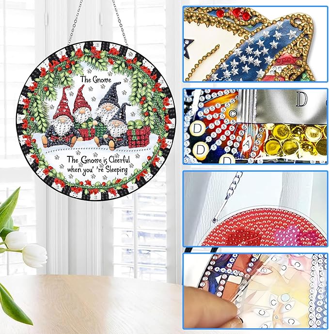 Reofrey Hanging Diamond Art Kits for Adults - 8x8 Inch Christmas Gnome Acrylic Board Double Sided Pattern Diamond Art Suncatcher Pendant, Crystal Art for Home Wall or Window Decoration Handmade Gift