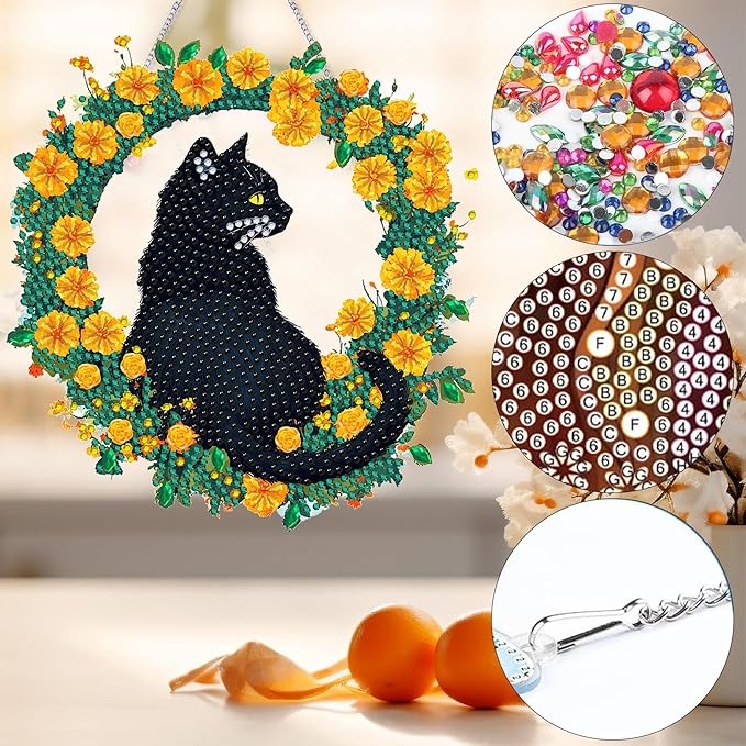Bimkole Cat Diamond Art Hanging Kit for Adult, DIY 5D Diamond Art Flower Window Pendant, Acrylic Crystal Art Hanging Ornament Home Wall Garden Front Door Sign Outdoor Decor 7.8x7.8 Inch