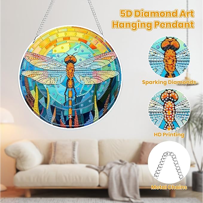 MOGTAA Dragonfly Diamond Art Hanging Ornament Kits, 5D Special Shape Diamond Art Kits for Adults, Crystal Rhinestones Animal Diamond Painting Gem Art for Home Window Garden Wall Decor