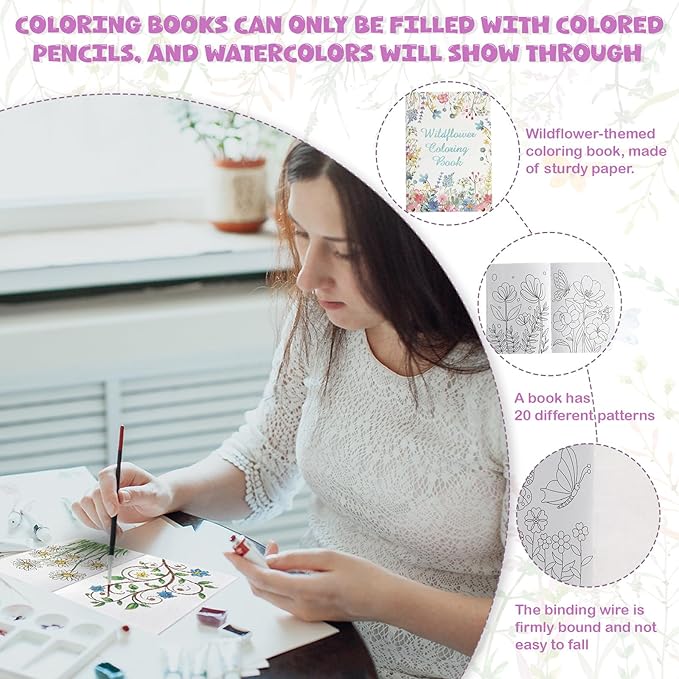 Liliful 24 Pcs Wildflowers Coloring Book Bulk for Adult Calm Supplies DIY Art Stress Relief Drawing Book with Colorful Flower Patterns for Favors Goodie Bag Filler and Holiday Gifts