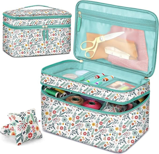 FINPAC Sewing Accessories Storage and Organizer Case, Double-Layer Sewing Kits Carrying Bag with Wrist Pin Cushion for Threads, Needles, Embroidery Floss Supplies, Felting Kits (Spring Bloom)