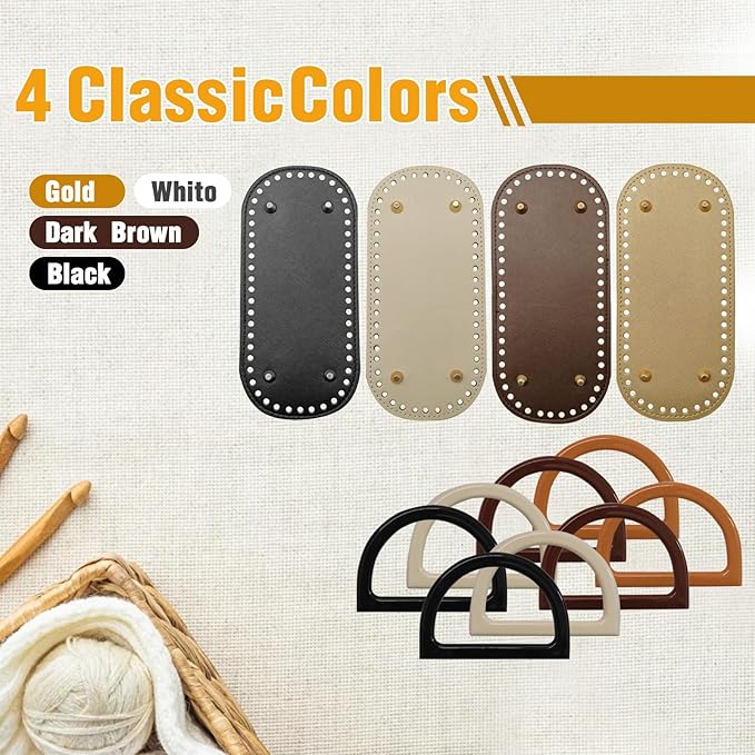 4+8 PCS Bag Bases for Crochet with D Shape Purse Handles for Bag Making, 2 PCS Crochet Hooks, 4 Colors Leather Purse Bottoms for Crocheting DIY
