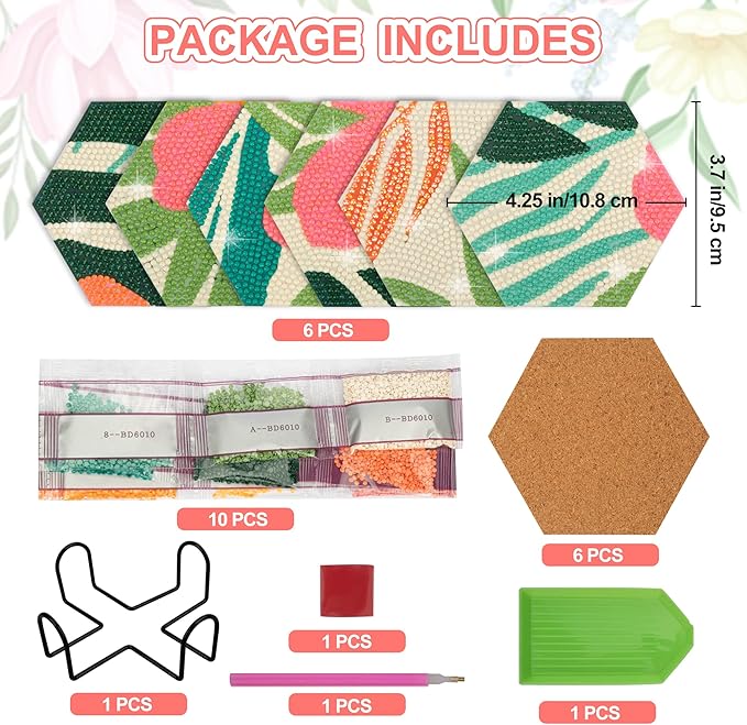 Temlum 6 Pcs Diamond Painting Coasters with Holder, Flower Diamond Art Coasters Diamond Small Painting Kits for Beginners, Adults Art Craft Supplies