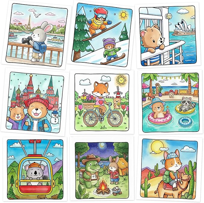 Cozy Coloring Book for Adults and Kids – Featuring Fuzzy’s Cute Animal Travel Adventures for Adult Stress Relief, Bold and Easy, Simple Designs for Teen Relaxation, Spiral Bound Design