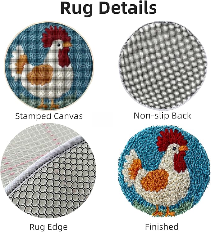 Latch Hook Rug Kit Cute Rooster Easy for Beginners Round Shape Carpet Crochet Yarn Craft Mini Rug DIY Hook and Latch Little Tapestry for Home Decor 30x30cm-1