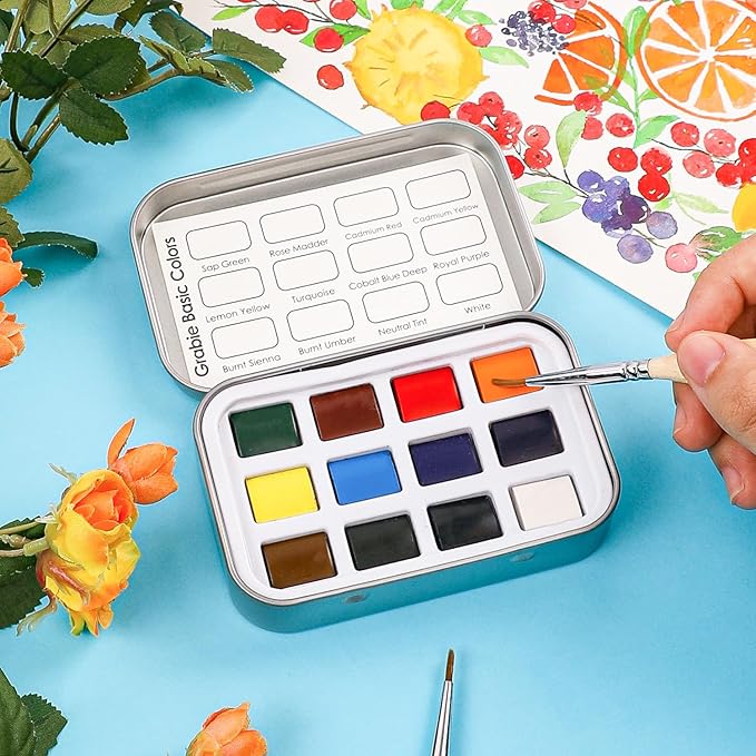 Grabie Pocket Watercolor Set of 12, Travel Watercolor Paint Set, Watercolor Paints, Art Supplies for Painting, Great Watercolor Set for Artists, Amateur Hobbyists and Painting (Essential Color)
