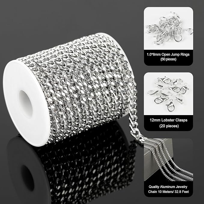 YOUBEIYEE 33ft/10m Cuban Chain Spool - Light Silver Plated Aluminum Chains for Men and Women Necklace and Bracelet DIY Jewelry Supplies