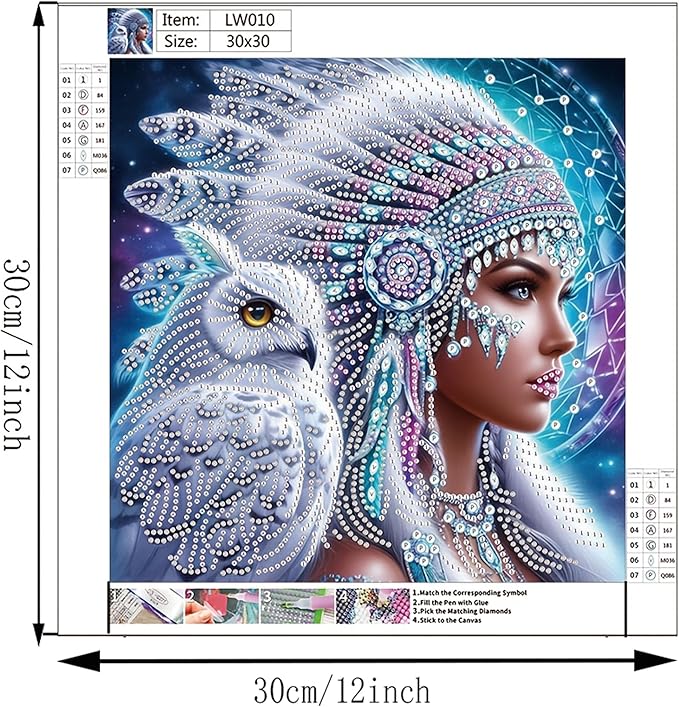 KUFWKEY Native Woman DIY 5D Partial Diamond Painting Kit for Beginners, Owl Diamond Art Kits for Adults,Special Shaped Crystal Sparkling Diamond Art, Frameless Diamond Mosaic Gem Art,12X12 inch