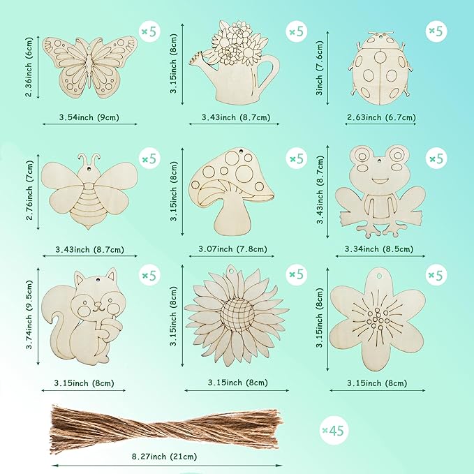 45 Pcs Wooden Spring Ornaments to Paint, DIY Unfinished Wood Slices Flower Cutouts Butterfly Ornament for Art Crafts with 9 Styles, DIY Wooden Ornaments Hanging Decorations Kit