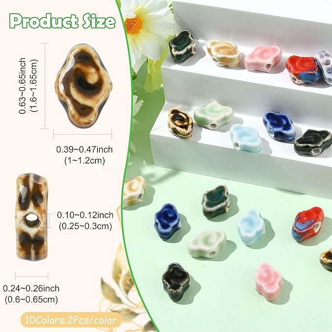 20Pcs Cloud Ceramic Porcelain Large Hole Beads for Bracelets Making 10 Colors Handmade Fancy Antique Glazed Ceramic Spacer Beads for DIY Jewelry Necklaces Earrings Keychains Crafting