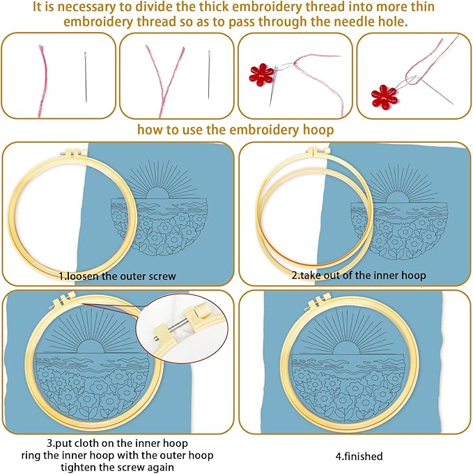 BEUNITONE Spring Landscape Embroidery Kit for Beginners, 6PC Needlepoint Kits with Hoops, Instructions, Threads, Needles, DIY Home Decor Craft for Adults, Creative Hand Embroidery Patterns for Gifts
