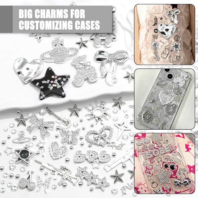BELICEY Black Silver Junk Case Charms Kit Y2K Big Charms for Phone Junk Cases 3D Astronaut Star Bow Planet Heart Junk Phones Case Flatback Rhinestone Pearls for Customizing DIY Craft