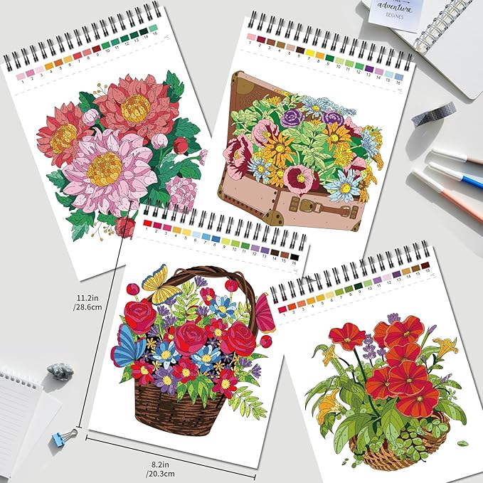 Jadeso Color by Number Adult Coloring Book, 30 Pages of Beautiful Flowers Patterns, Spiral Bound Color by Numbers for Adults Relaxation, Stress-Free Coloring by Numbers, Thick Smooth Paper