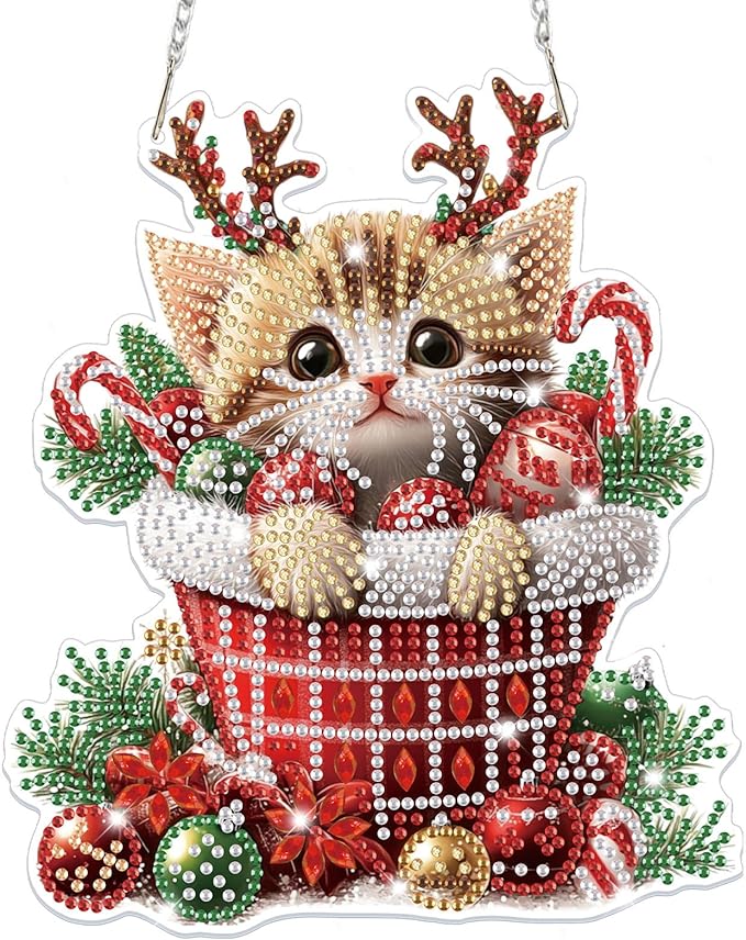 Bowetile Christmas Diamond Art Hanging Kits for Adults, Diamond Art Suncatchers Cat, 5D Special Shape Diamond Painting Pendant Window Ornament Christmas Gifts for Home Door Wall Decor
