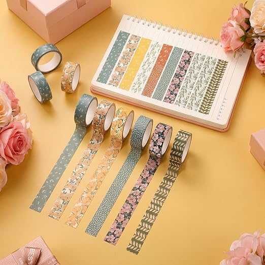 12 Rolls Watercolor Floral Washi Tape Set 15 mm Vintage Flower Decorative Masking Tape for Spring Arts DIY Craft Scrapbook Journal Supplies Gift Wrapping(Warm Tones,Botanic)