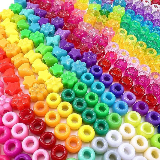 MIIIM 1000Pcs 6x9mm Glitter Pony Beads Shapes for Friendship Bracelet, Large Hole Assorted Kandi Beads in 5 Styles, Star, Heart, Butterfly, Flower, for Hair Braids, Jewelry Making