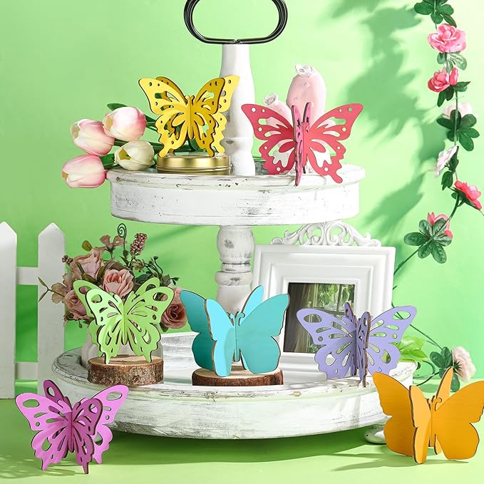 Blosssound 48 Pcs Spring Crafts Set 36 Wood Butterfly for Crafts 3D Butterfly Cutouts with 12 Colored Pens Wooden Unfinished Slices for Painting Summer Tiered Tray Tabletop Decor DIY Handmade