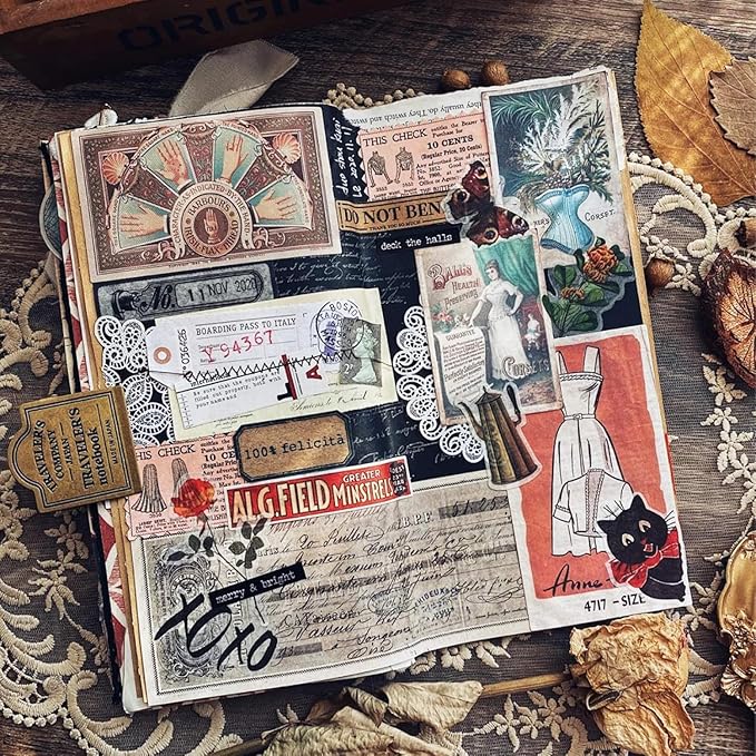 CATaireen Vintage Junk-Journal Mixed Paper Scrapbooking Embellishments Set Retro Journaling Decoupage Stickers Textured Packaging Decorative Cards Tags Kit (Library 2)