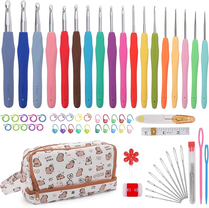 Crochetbox Crochet Hooks Set, 18 Size 0.5mm-10mm(P) Ergonomic Handles Crochet Hooks with Case for Arthritic Hands, Kintting Needle with Crocheting Tool for Crocheters