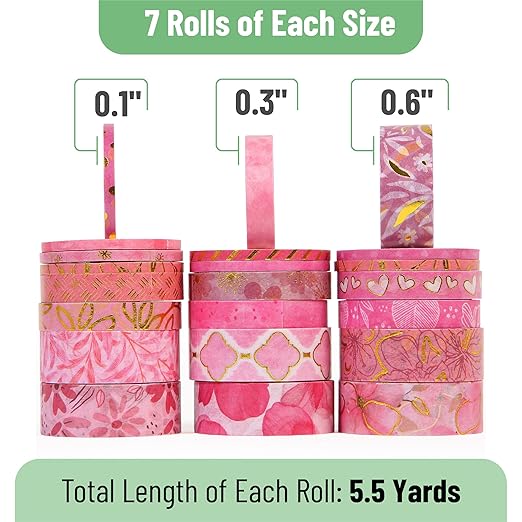 Mr. Pen- Washi Tape Set, 21 Rolls, Floral Pink, Decorative Tape with Measure Tape, Scrapbook Washi Tape for Journaling, Craft Tape, Mother's Day