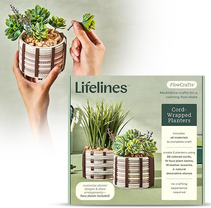 Lifelines FlowCrafts, Cord-Wrapped Planters - Create 2 Unique Planters with Cords in Multi-Colors, Leather Accents, Faux Plant Stems & Decorative Stones - Sensory Arts & Crafts Kit for Teens & Adults