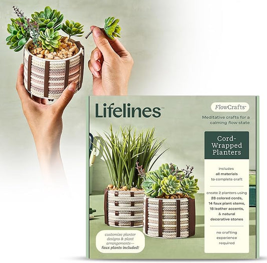 Lifelines FlowCrafts, Cord-Wrapped Planters - Create 2 Unique Planters with Cords in Multi-Colors, Leather Accents, Faux Plant Stems & Decorative Stones - Sensory Arts & Crafts Kit for Teens & Adults