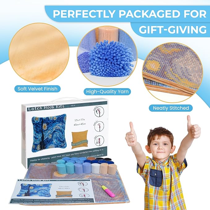 EsLuker.ly DIY Latch Hook Pillow Kits Starry Sky Patterns Pre-Printed Canvas Pillow Making Set, Beginner Cushion Cover Latch Hook Kit, Creative Craft for Family Fun Home Decor