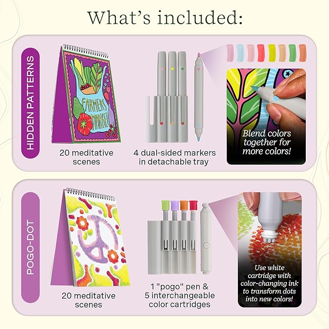Lifelines FlowArt Activity Pads, 2-Pack & Bonus Pad - Guided Art Meditations - 2 Sets of Markers & 48 Scenes - Hidden Patterns & Pogo-Dot Coloring Books for Tweens, Adults & Seniors