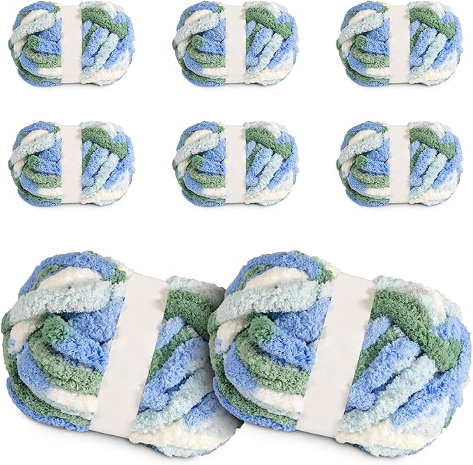 Super Soft Chunky Chenille Yarn – 8 Skeins × 8 oz (25 Yards Each) Jumbo Bulky Yarn for Crochet & Hand Knitting Blankets, Sweaters, Cushions, DIY Projects (Sea Foam)