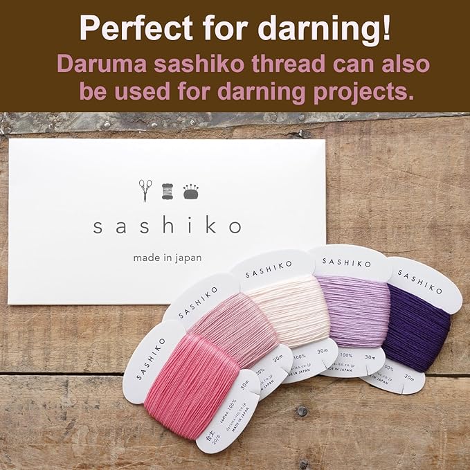 DARUMA Sashiko Thread 100% Cotton Card Type (32.8 yd) x 5 Colors with English Manual, Sewing & Embroidery Value Set with Gift Package(Thick, Tefutefu)