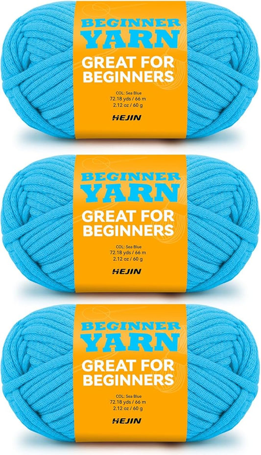 3x60g Sea Blue Yarn for Crocheting and Knitting;3x66m (72yds) Cotton Yarn for Beginners with Easy-to-See Stitches;Worsted-Weight Medium #4;Cotton-Nylon Blend Yarn for Beginners Crochet Kit Making
