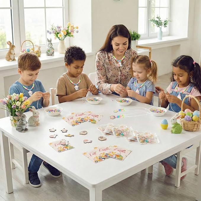 Bafeil 24 Set Easter Crafts Bead Necklace Making Kit for Kids - DIY Make Your Own Bunny Necklace for Arts and Crafts Project, Classroom Activities Gifts, Party Favors & Easter Basket Stuffers