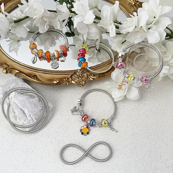 Exway 20 Pcs Expandable Charm Bangle Bracelets Sliver Charm Bracelets Adjustable Spring Bracelet Kit for Crafts DIY Women Jewelry Making