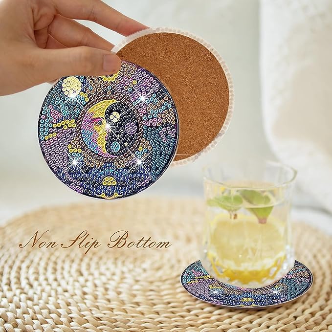 EWJRNSF 8 PCS Small Diamond Painting Coasters Kit, Fall Art Coasters for Adults Beginners, Arts and Crafts Supplies Item Sets Not with Holder Moon