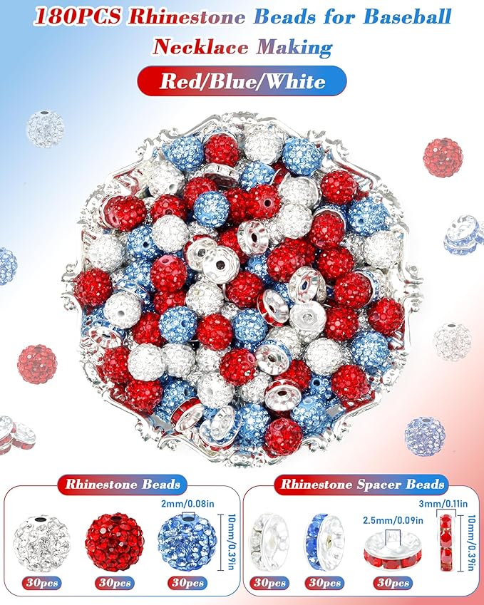 180pcs fiveizero 10mm rhinestone beads for jewelry making – sparkly round crystal clay beads & spacers in patriotic baseball team colors for bracelets, necklaces & diy crafts (sky blue, red, white)